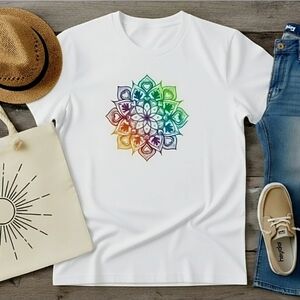 Rainbow Mandala Graphic Tee – White or Yellow – Boho Spiritual Festival Shirt